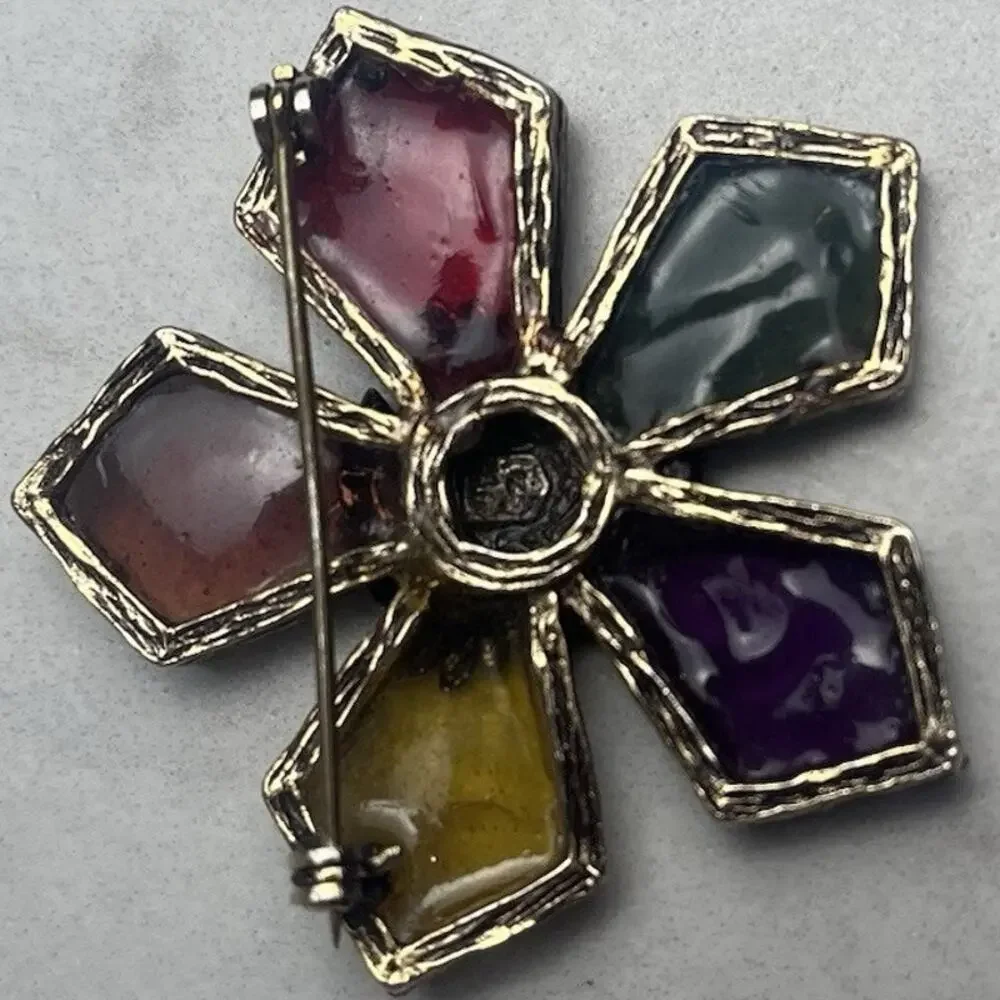 Vintage Coro Venetian Glow Stained Glass Resin Griffin Brooch Heraldic Star